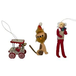 Vintage Christmas Ornaments Trio Russ Wood Santa Car Felt Dog Red Brown Green